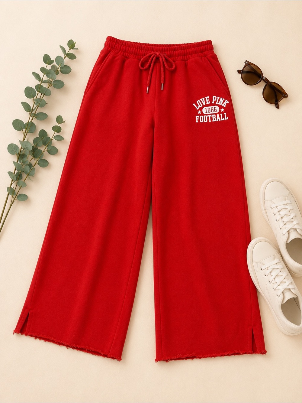 PINK Victoria’s Secret Red Wide Leg Cropped Sweatpants Raw Hem Medium